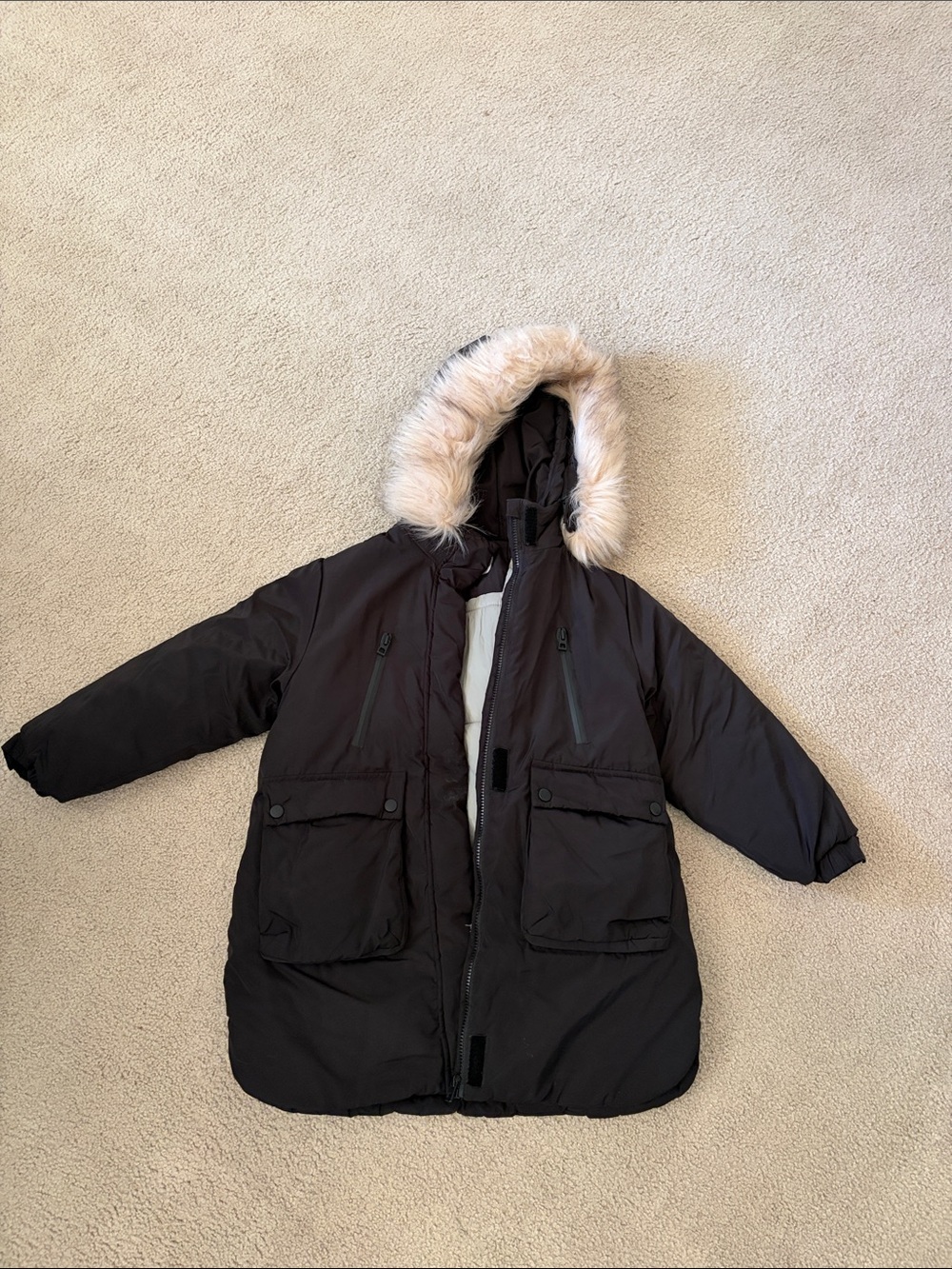 Zara Black Puffer Coat with Faux Fur Hood